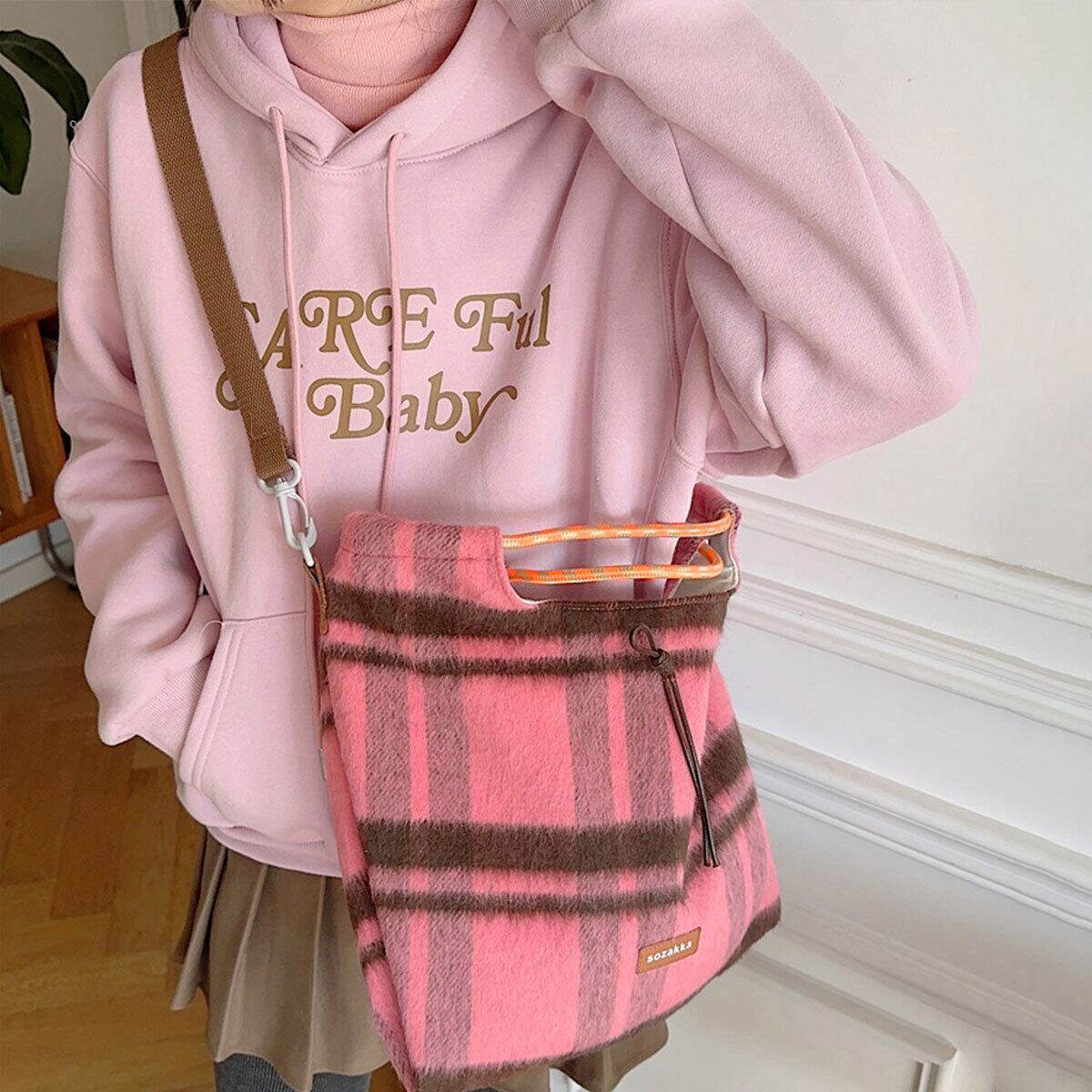 配色 トートバッグ 大容量 A4 レディース 秋冬 韓国 バッグ 軽量 大人 かわいい チェック柄 おしゃれ クラシック 手提げ 肩掛け ドローストリング 大人可愛い 大人女子