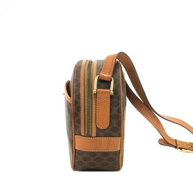 CELINE セリーヌ　マカダム　ガンチーニ　レザー　ラウンド　ショルダーバッグ　ブラウン　vintage　ヴィンテージ　オールドセリーヌ　rhdej4