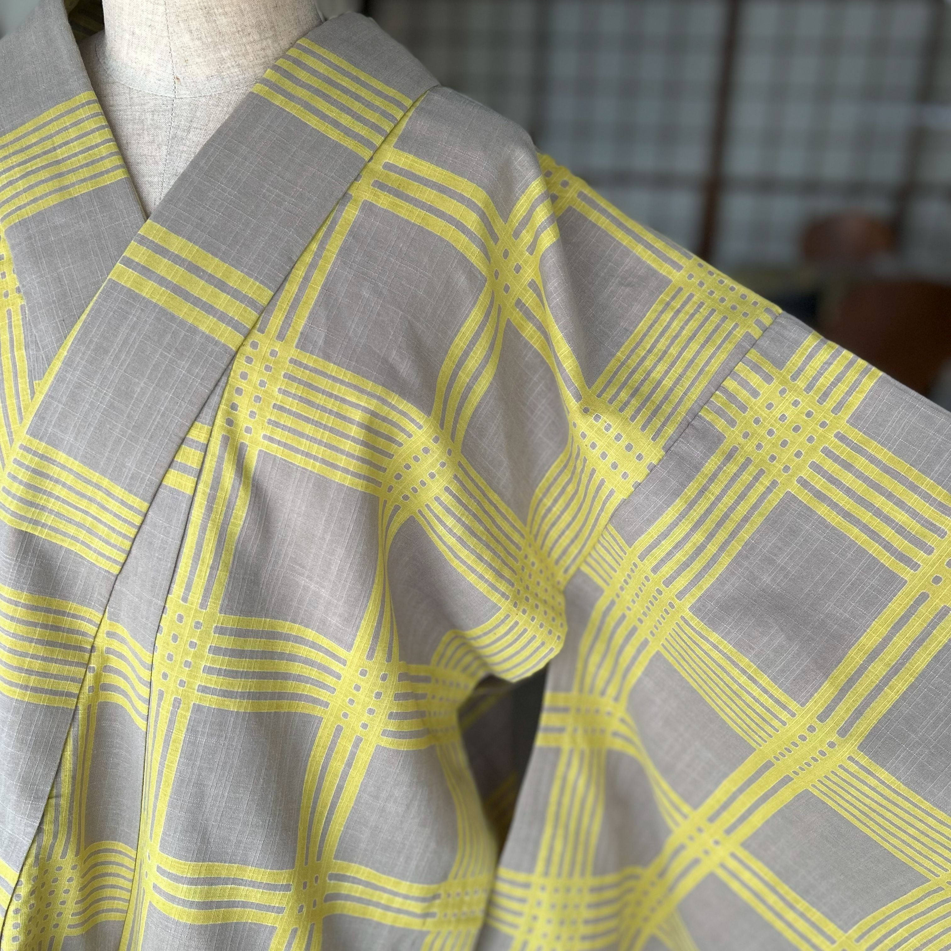 女性浴衣Mサイズ「七五三格子(丸久商店×OLN)」 pale khaki × mustard yellow