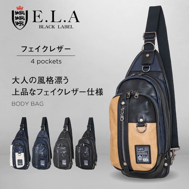 E.L.A イーエルエー ボディバッグ スリングバッグ A6 合成皮革 2ルーム ワンショルダー  ELA-12177