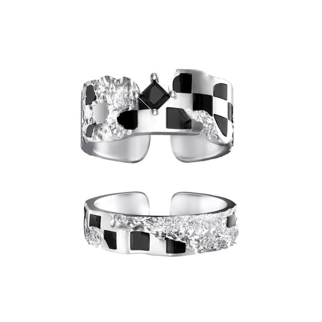 Checkered pattern silver ring C1252