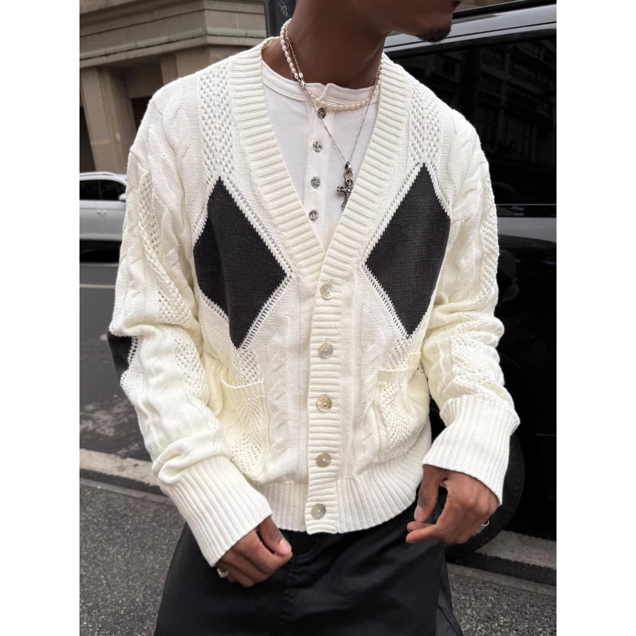 DRIP6833】STEEPC Cable Knit Argyle V-Neck Cardigan | DRIP | ドリップ