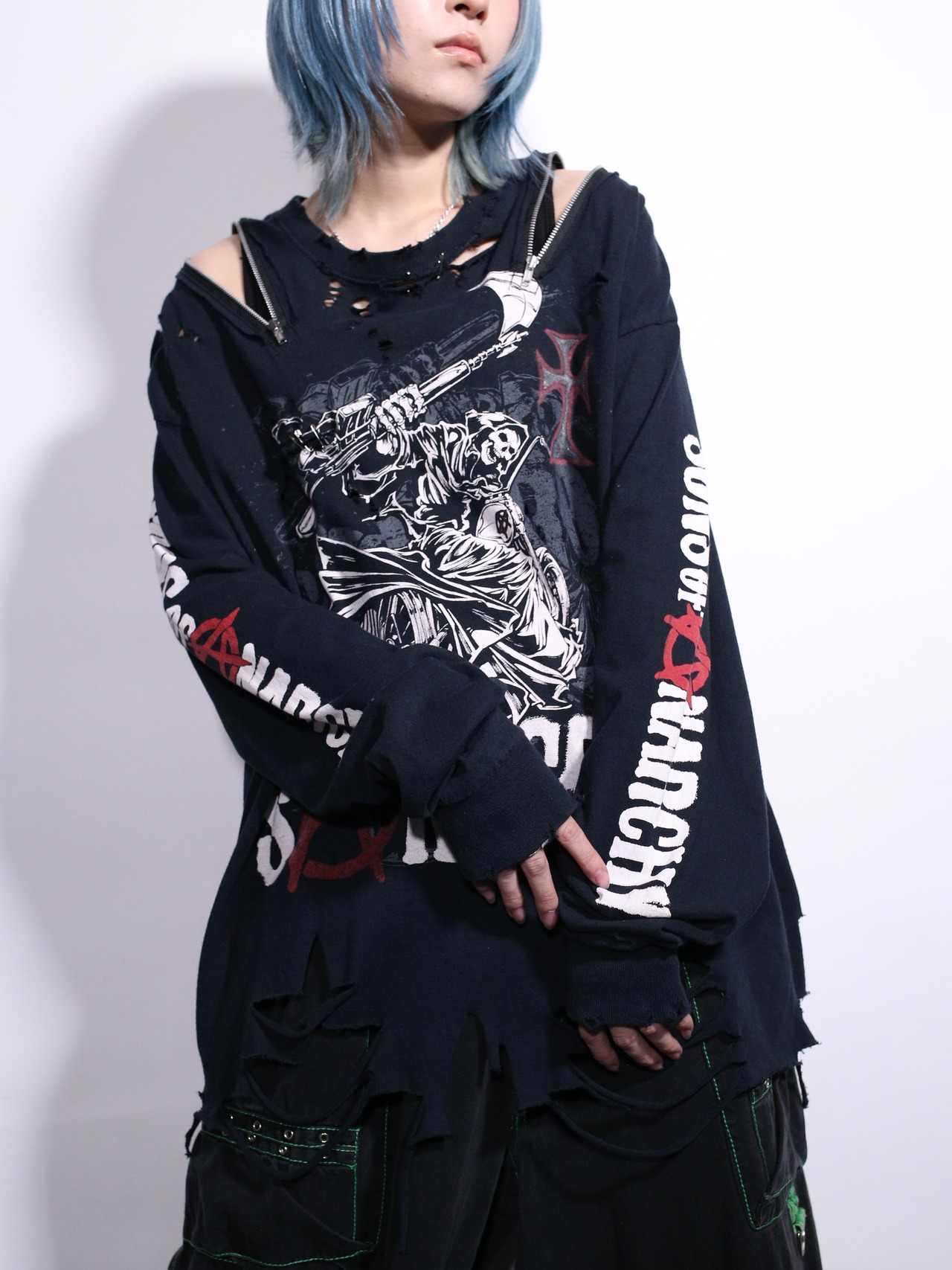 REMAKE / zip and boro custom punk l/s tee - 3