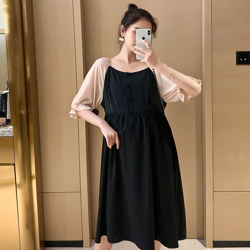 【新作】【送料無料】 マタニティウェア2020夏の新しいシフォンステッチスクエアネックドレス サマー 夏物 スクウェア expec238655839178