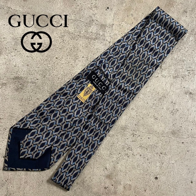 【GUCCI】made in Italy chain pattern design silk necktie/グッチ イタリア製 チェーン柄 デザイン シルク ネクタイ/#0719/osaka