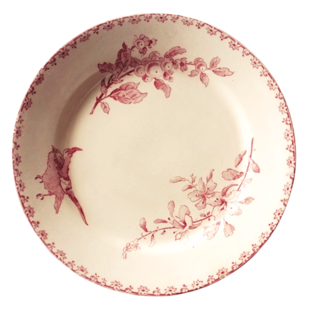 1890s~ Sarreguemines favori 薔薇色の小鳥と薔薇色の実とデザートプレート