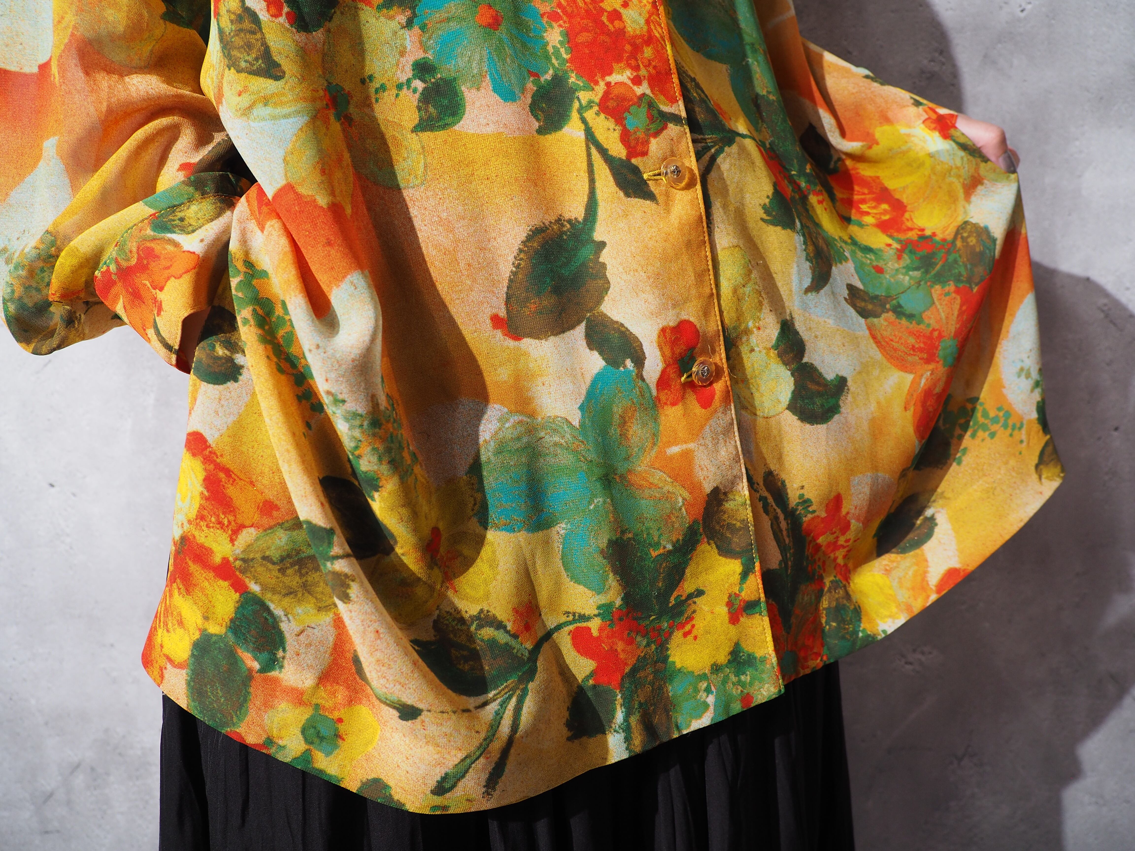 1990s Botanical Flower painted translucent open callar shirt