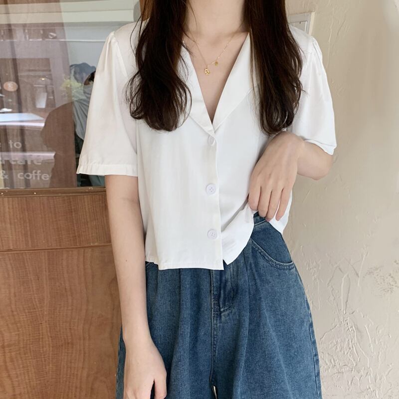 ホワイトシャツ スタンダードシフォンサマールーズクロップドトップス レトロ 夏物 試着室39071285379