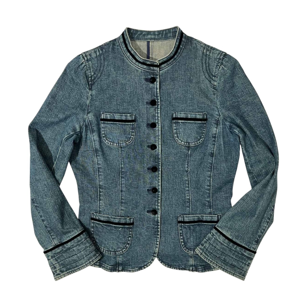 Leilian レリアン ノーカラー デニム ジャケット サイズ 9 /ベロアくるみボタン/インディゴ/レディース