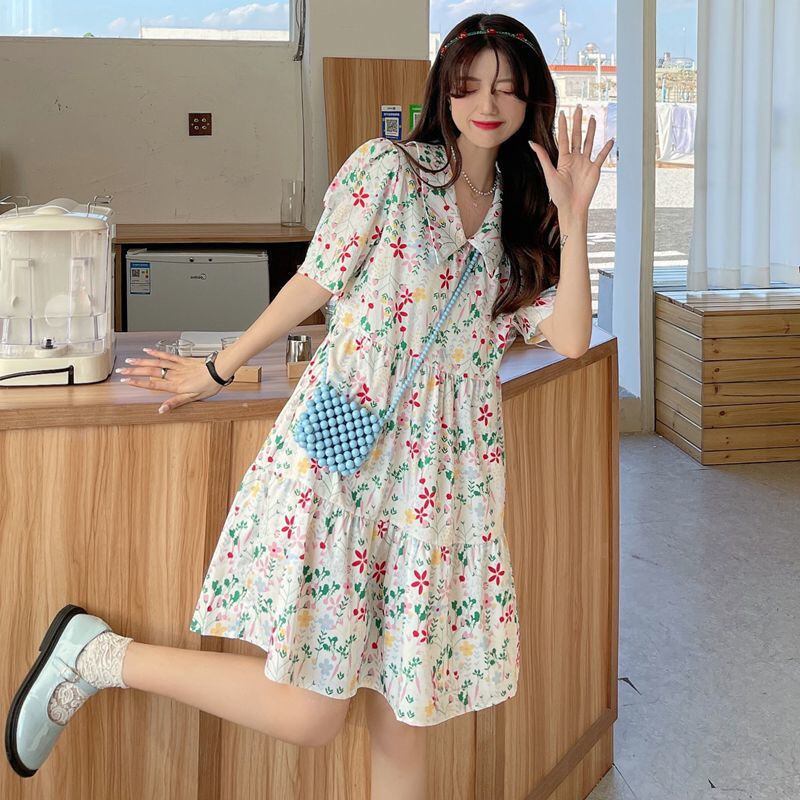 【新作】【送料無料】 【バックファスナー】スイートベビードール 襟花柄パフスリーブワンピース レディース 韓国風 ミモレ丈 Aラインスカート 0264139561543