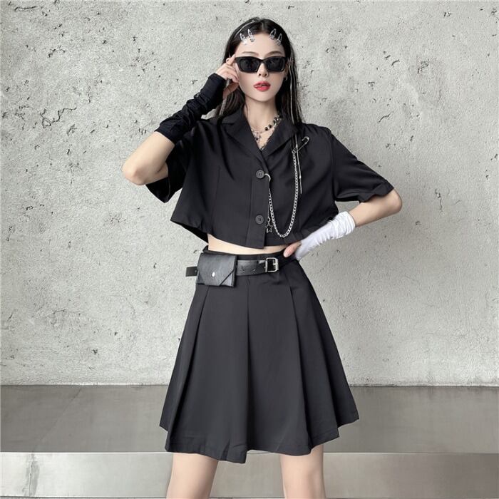 ダークサマーカジュアルショートコート ハイウェストプリーツスカート 夏物 ケッペル85878708791