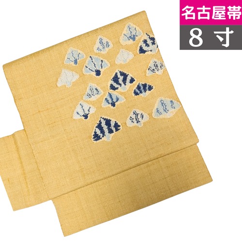 【使用感少】8寸名古屋帯 お太鼓柄 手織り紬地 正絹 青い樹木 マスタードイエロー