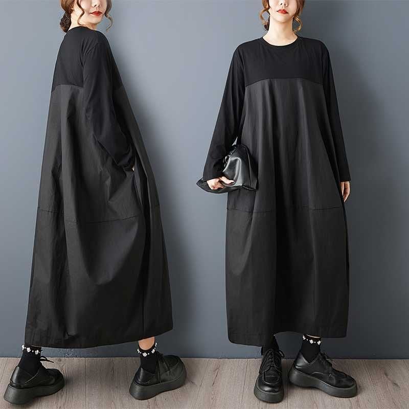 BLACK STITCHED DESIGN LONG PULLOVER COCOON DRESS 1color M-15810