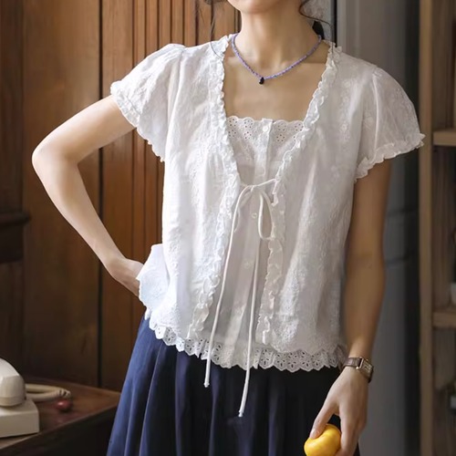 フロントリボンドッキングレースブラウス ・7633