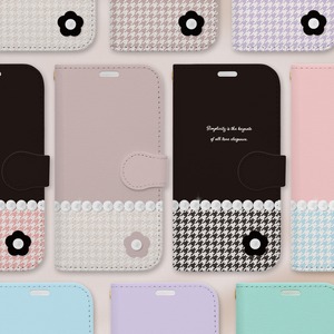 送料無料 Android 13色 千鳥格子とパールの手帳型スマホケース カメラ穴付きはめ込み式オーダーメイド アンドロイド多機種対応