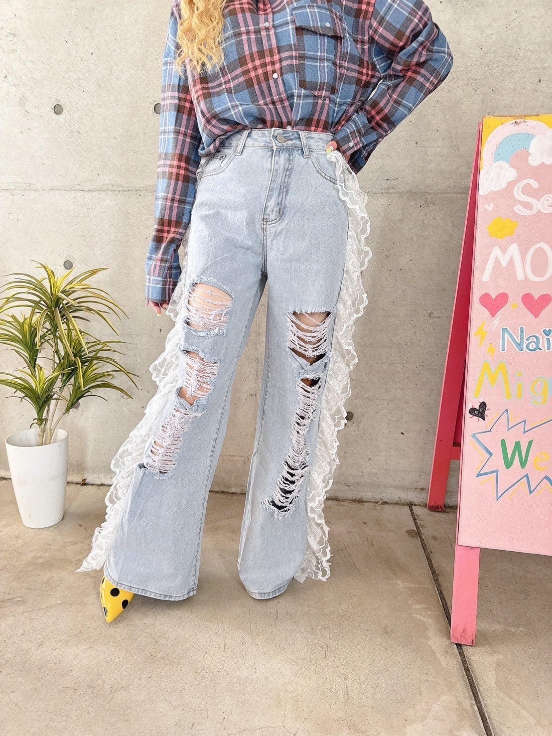 サイドフリルデニムパンツ♡/韓国/レディースファッション/可愛い/おしゃれ/ラフ/カジュアル/シンプル/派手/個性/春/秋/冬(5-196)