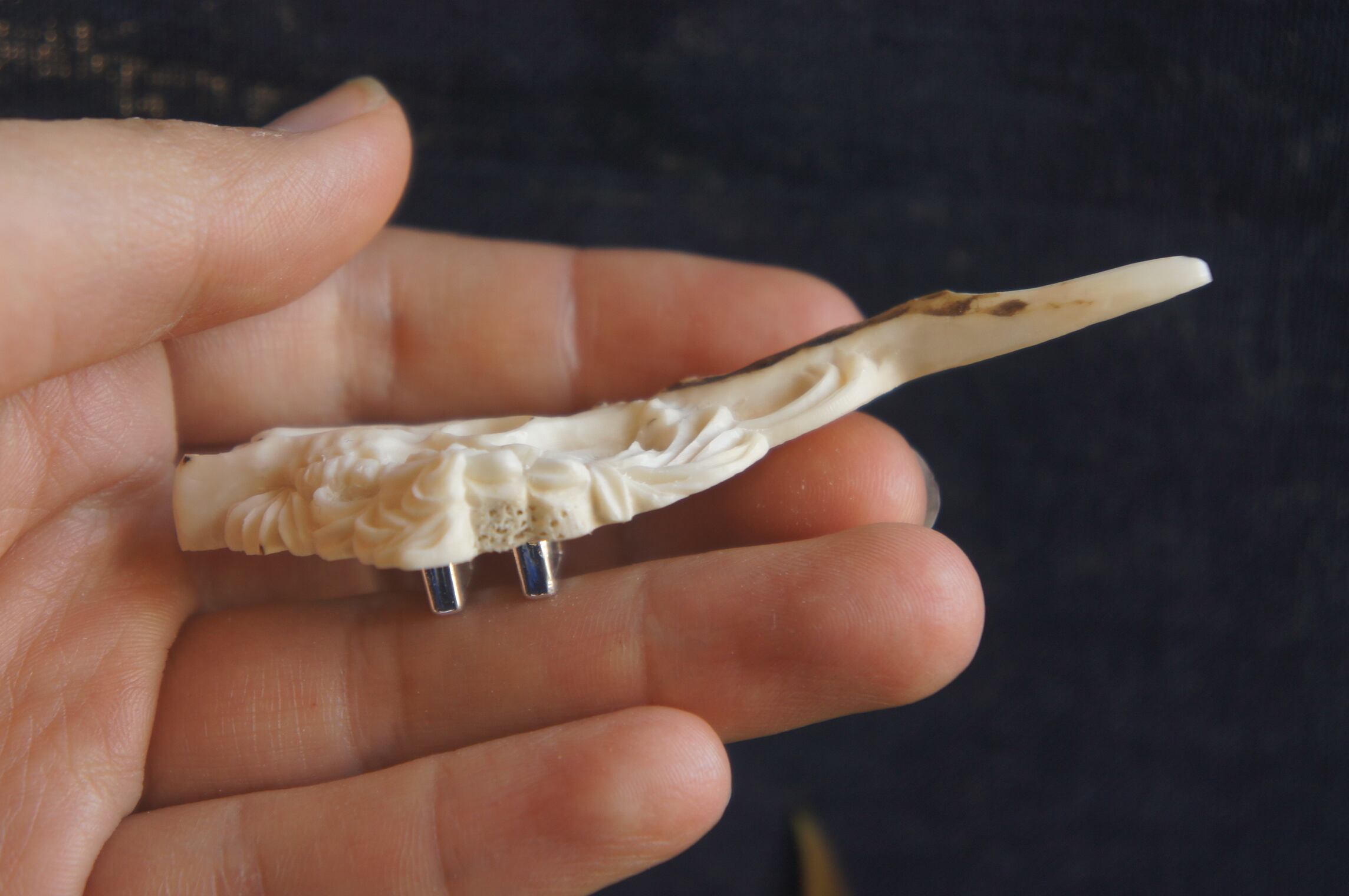 鹿角彫刻の帯留め「月齢」鹿頭骨と彼岸花 | deer bone 