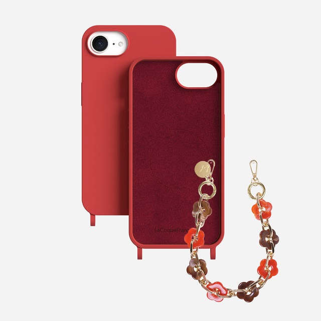 【ケース×チェーンセット】ラコックフランセーズ Chaine Courte Cassy Fleurs Marron Et Orange 40 cm IPHONEケース ロゴ入り ヌード COQUE ソフトケース Rouge レッド  MAGSAFE対応 マグセーフ