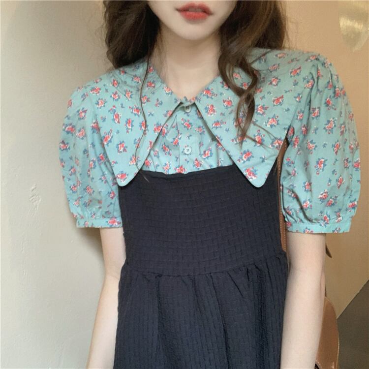 スタンダードカラーフローラルシャツ ブラックドレス レトロ 大人ガーリー スウィート キュート カジュアル 花柄 クレセントシティ70707881807