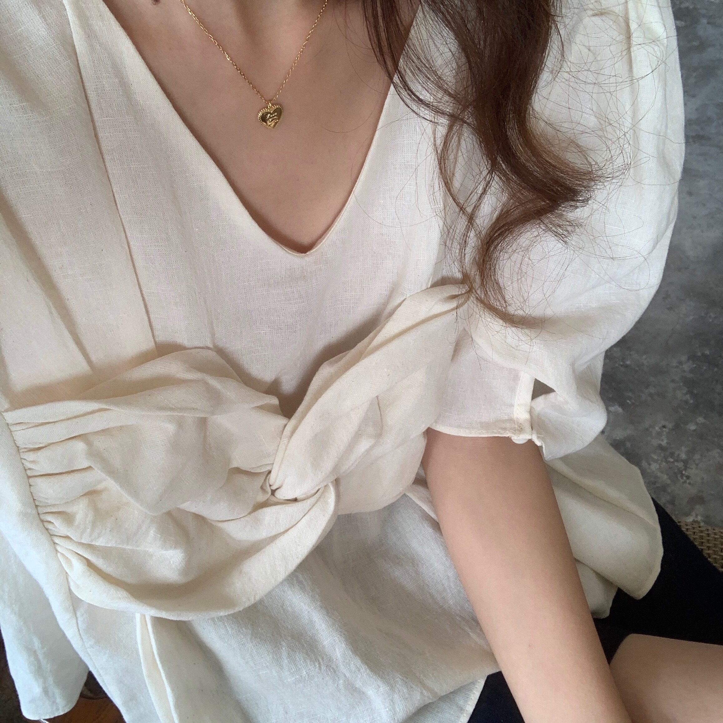 リボンVネック薄手スタイルシャツ レディースサマーソリッド カラートップス 夏物 ソリッドカラー ビッグFスモールZ韓国74214013025