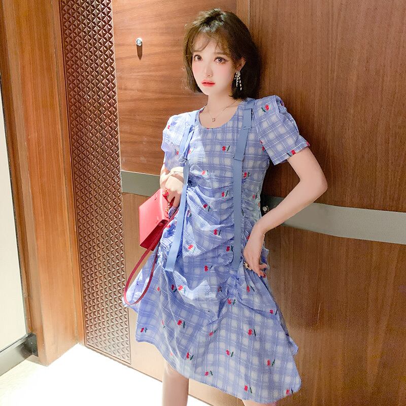 ラウンドネックプリーツドレス サマー レッド 刺繍 大人ガーリー スウィート キュート カジュアル 夏物 Oネック MIUCO84584791002