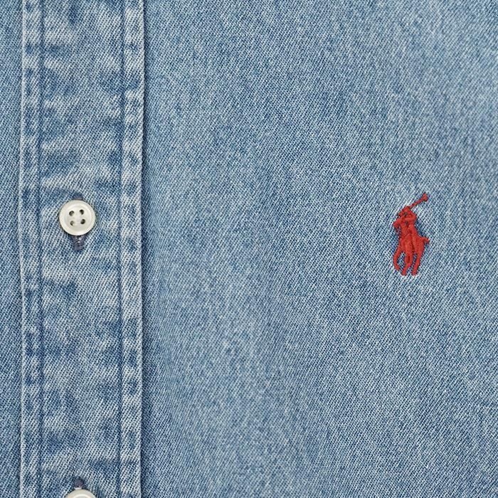 ラルフローレン BD無地デニムシャツ L ポニー刺繍 長袖 ブルー 青 赤
