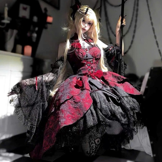 【ライブ・撮影衣装】ゴシック 薔薇柄ボリュームレイヤードフレアドレス 豪華セット｜天使と悪魔