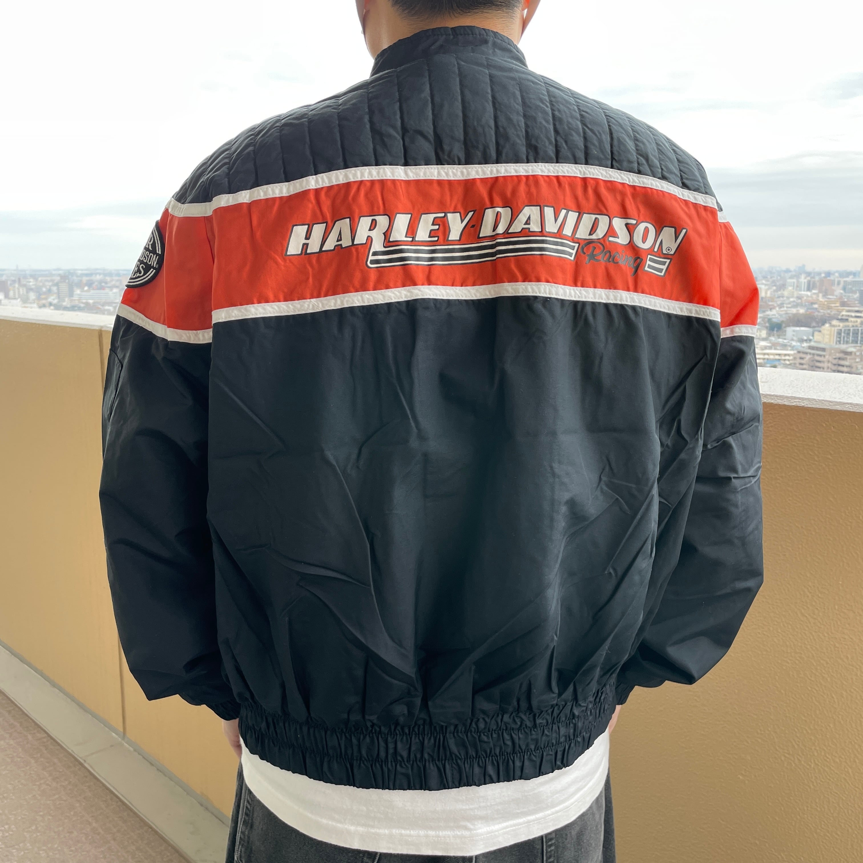 HARLEY DAVIDSON ハーレーダビッドソン ロゴ刺繍 ナイロンジップアップ ファー ジャケット ブラック