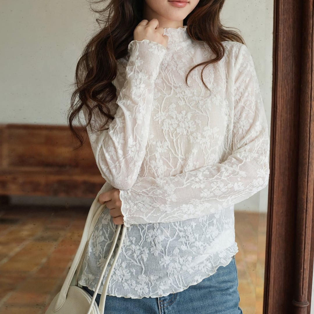floral lace high neck sheer blouse