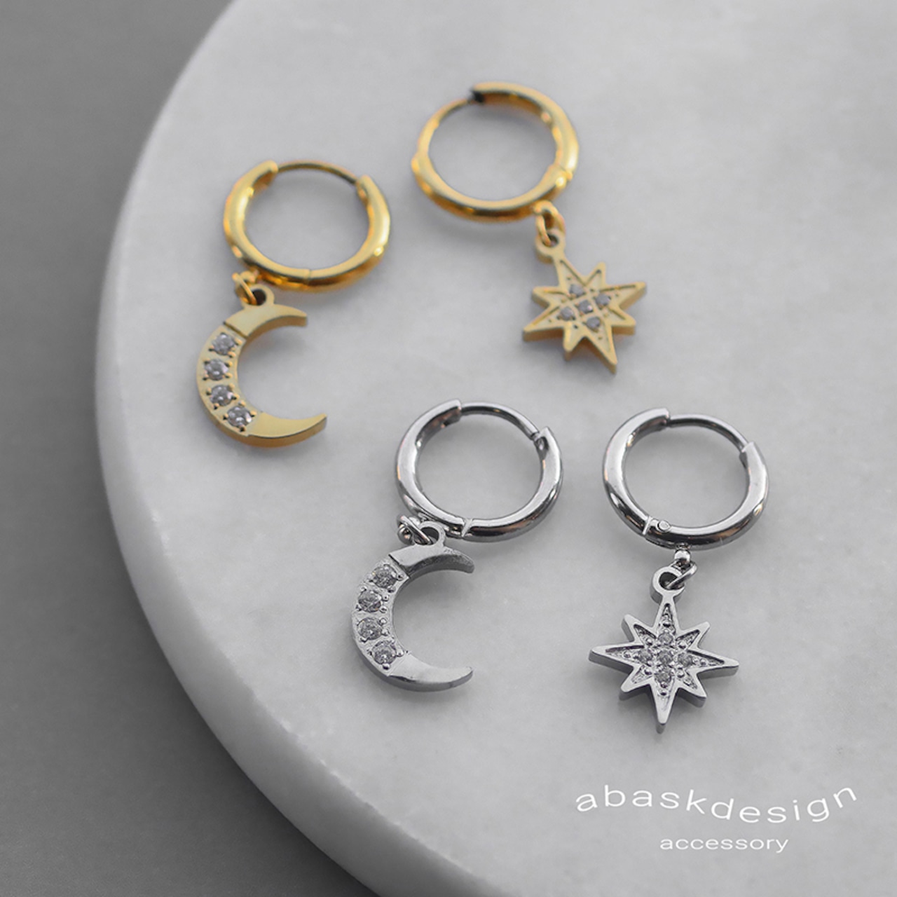シルバー登場【ネコポス便】ピアス スター＆ムーンアシンデザインピアス 金属アレルギー サージカルステンレス　1762