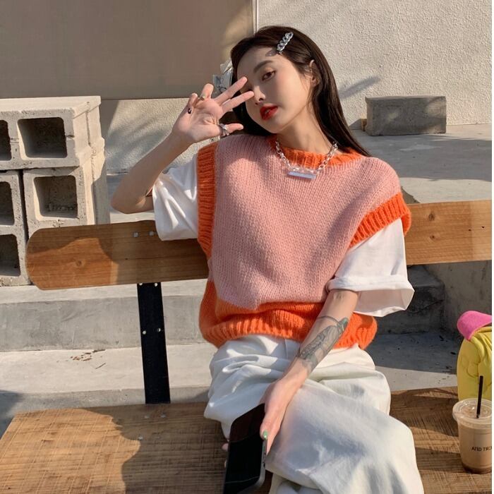 カラーニットレディースセーター クロップドトップス ルーズノースリーブ モンロー70089501618