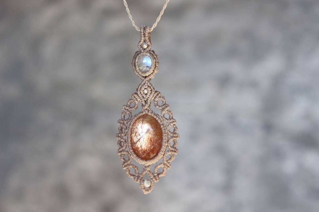 Sunstone  & Rainbow moonstone micro macrame pendant