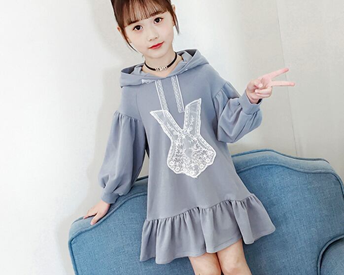 1枚でかわいい うさ耳パーカーワンピース 子供服 キッズ ワンピース パーカー スカート 子供 女の子 うさ耳 スウェット フレア ボリューム袖 長袖 カジュアル パーカーワンピ ピンク ブルー 110cm 160cm 春 秋 送料無料 韓国レディース キッズファッション