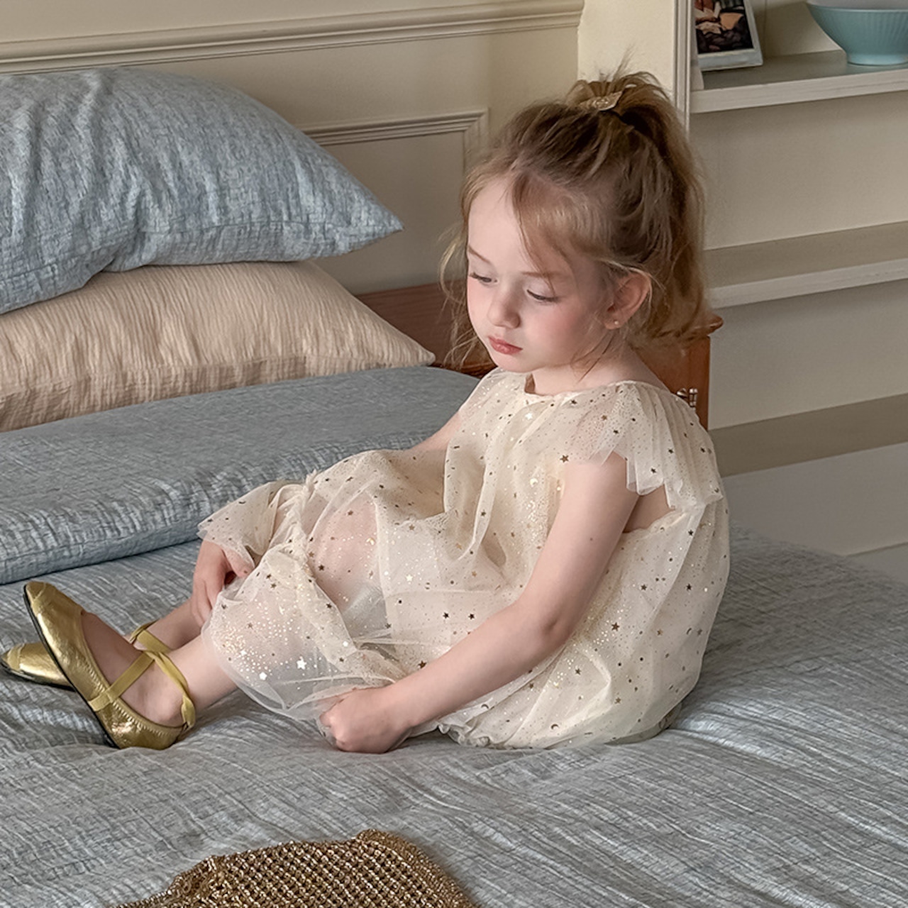 夏光沢ビーズチュールワンピース