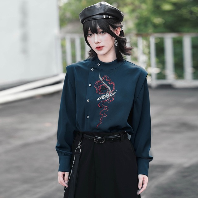 【古怪舍---鯨落シリーズ】★チャイナ風トップス★ 2color シャツ 長袖 レディース 刺繍 不規則