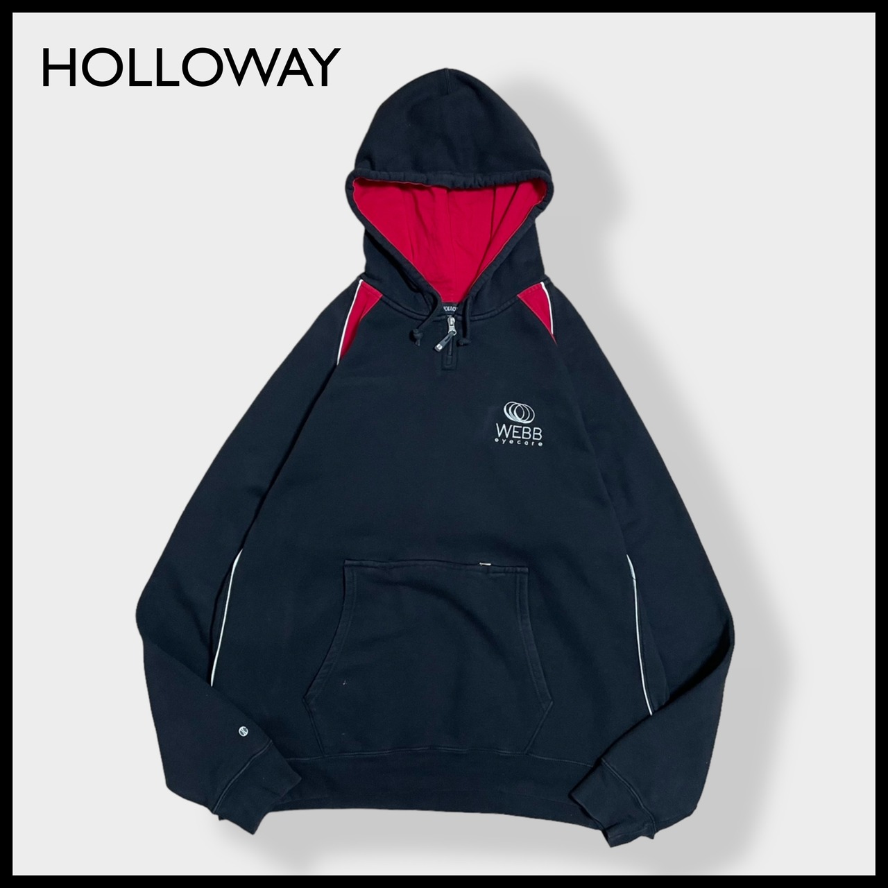 【HOLLOWAY】ハーフジップ 刺繍ロゴ ワンポイントロゴ 眼科医 スウェット パーカー フーディー hoodie プルオーバー センターポケット 2XL ビッグシルエット ラグラン 切替 us古着