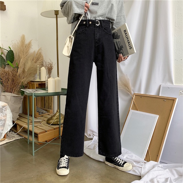 ブラックデニム リングベルト ワイドレッグ デニム デニムパンツ ハイウエスト ロールアップ ハイウエストパンツ シンプル カジュアル ボーイッシュ スタイリッシュ 韓国 オルチャン 韓国ファッション 新作 春夏 春 夏 Om 470 Musubi Me 韓国 オルチャン レディース