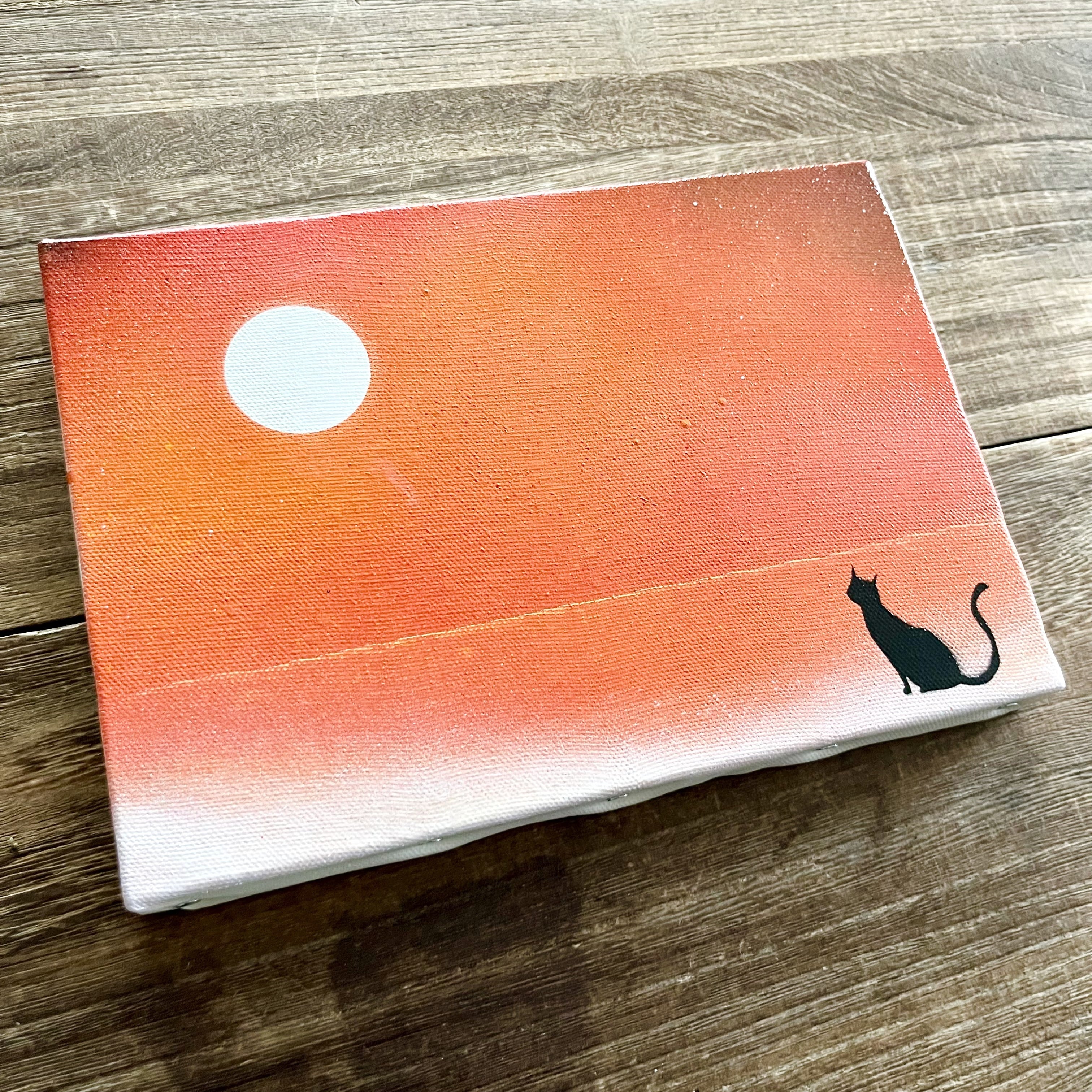 猫と夕日」原画 夕陽×水平線×黒猫 赤 オレンジ 絵画 キャンバス 風景画