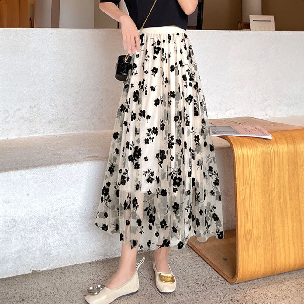 チュールスカート レディース 花柄 ロング おしゃれ きれいめ 大人 かわいい ロングスカート メッシュ チュール カジュアル 大人可愛い 大人女子