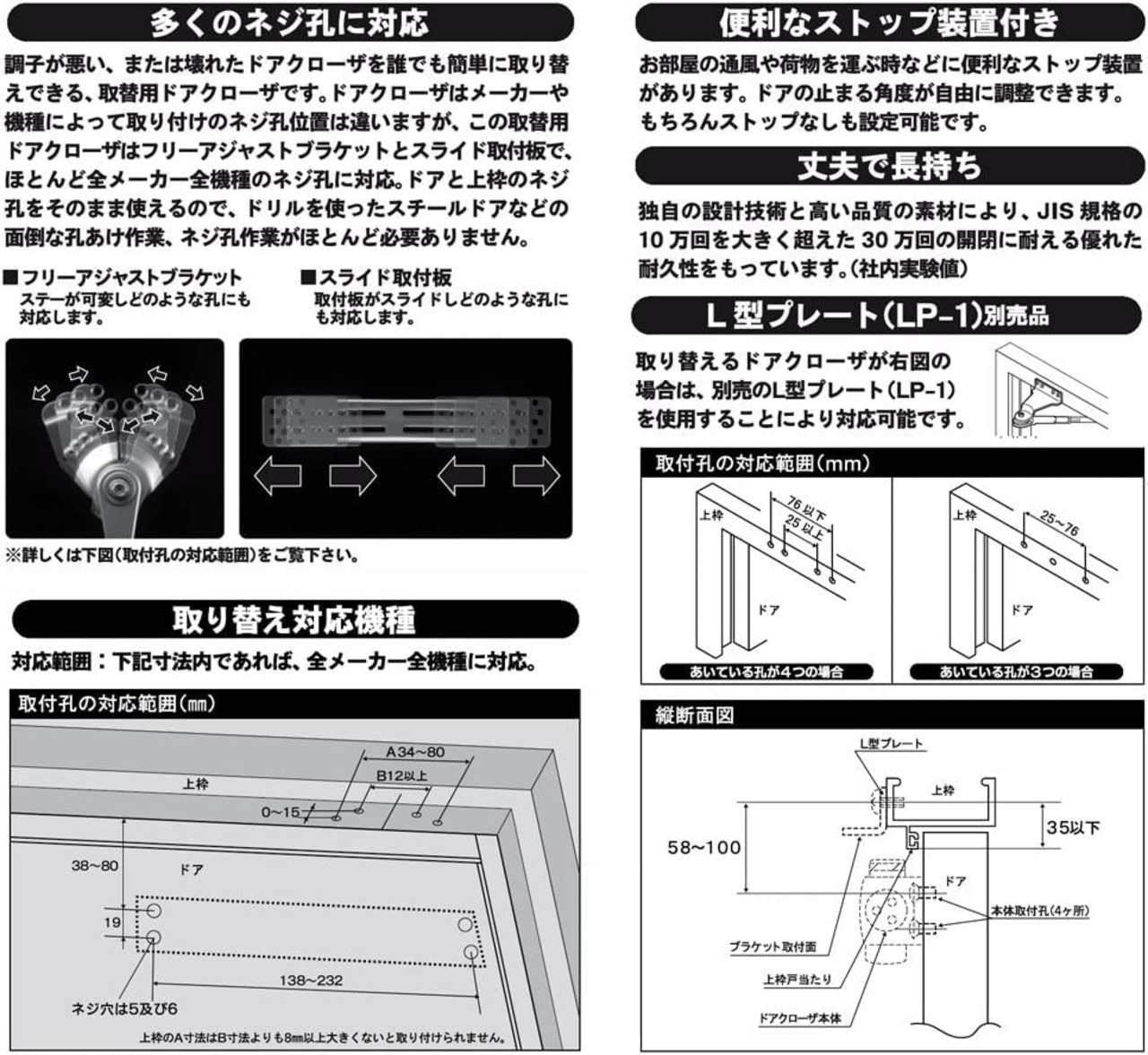 リョービ 取替用ドアクローザー パラレル型 ストップ機能付き ブラック S-202P DB
