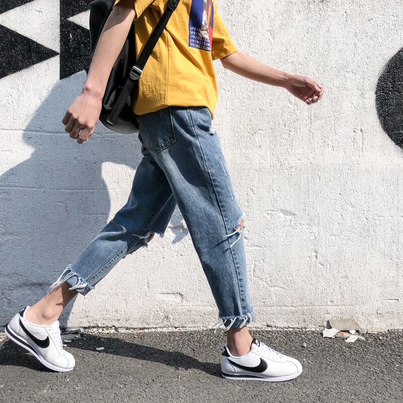 全1色 デニム パンツ ストレート カジュアル ダメージ 無地