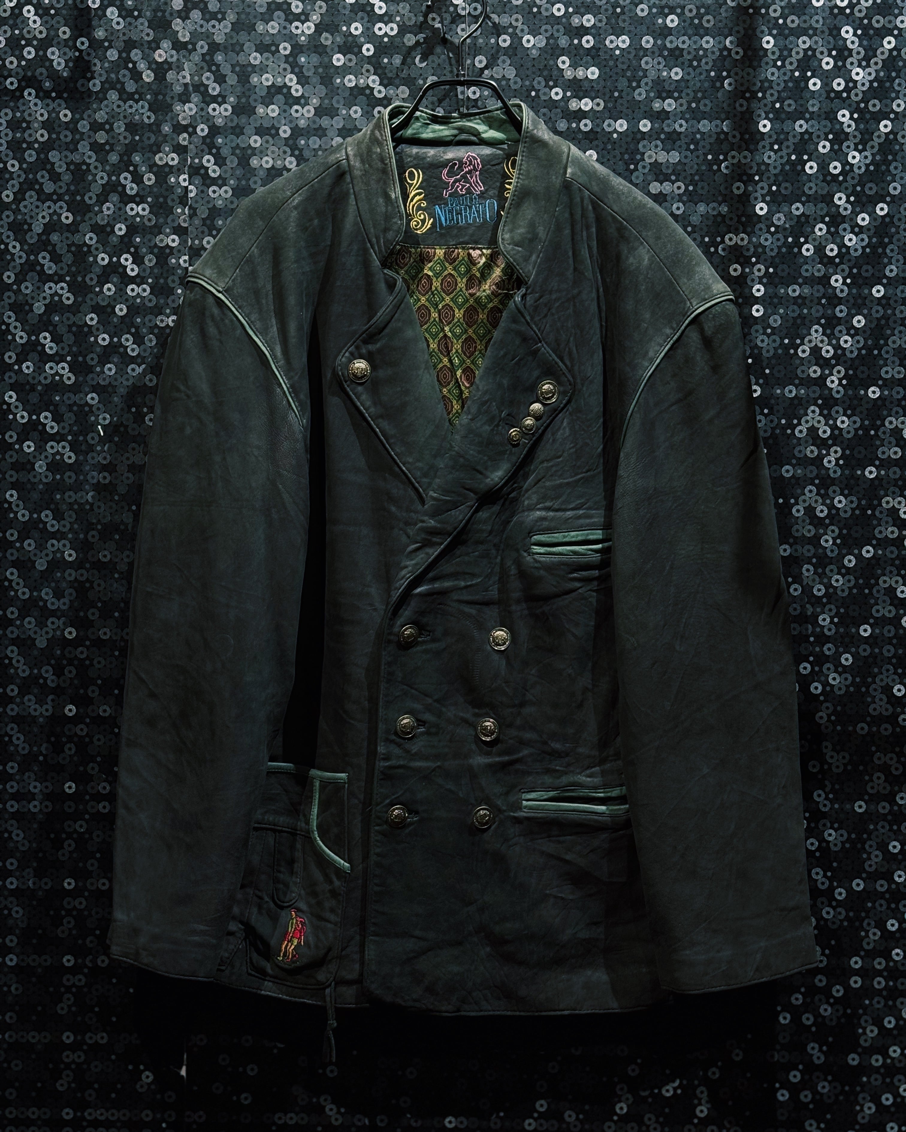 【ÆIEM】"Paulo Negrato"Vintage Double-Breasted Leather Jacket – Deep Green × Patterned Lining