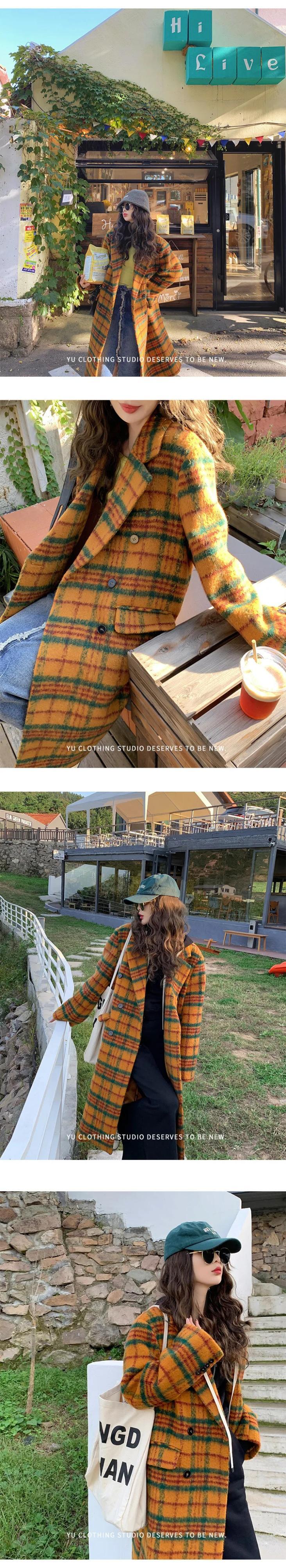 チェック柄ジャケット冬ロングルーズカラフル厚く暖かいソフトウール