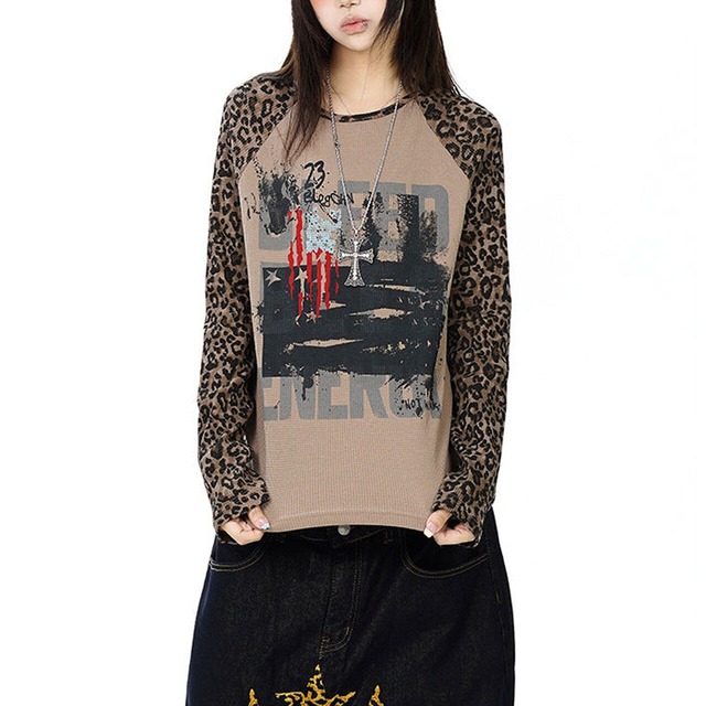 レオパードスリーブグラフィックラグランTシャツ 2col   R02621