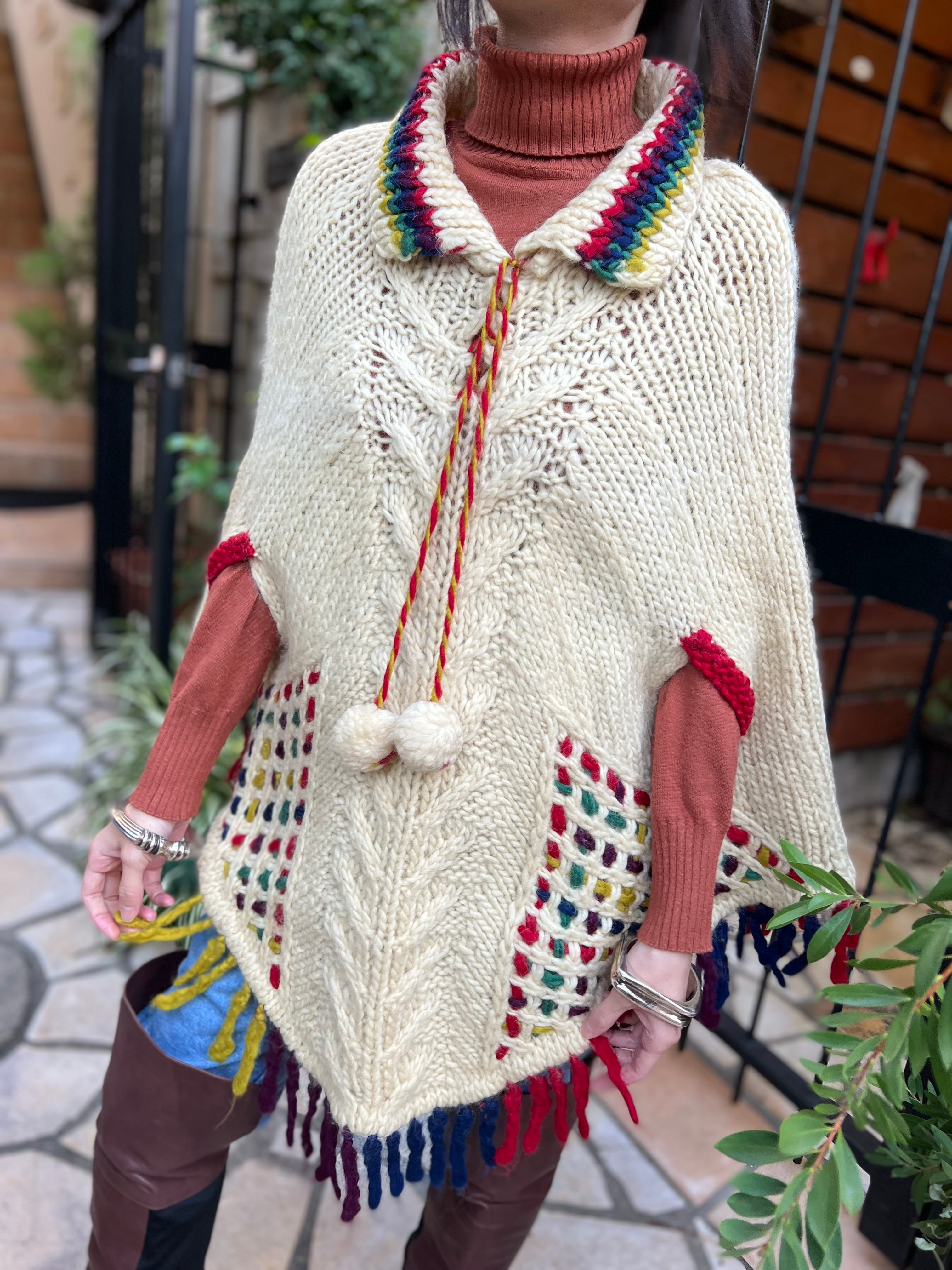 60s handmade off white × multicolor ponpon poncho ( ヴィンテージ