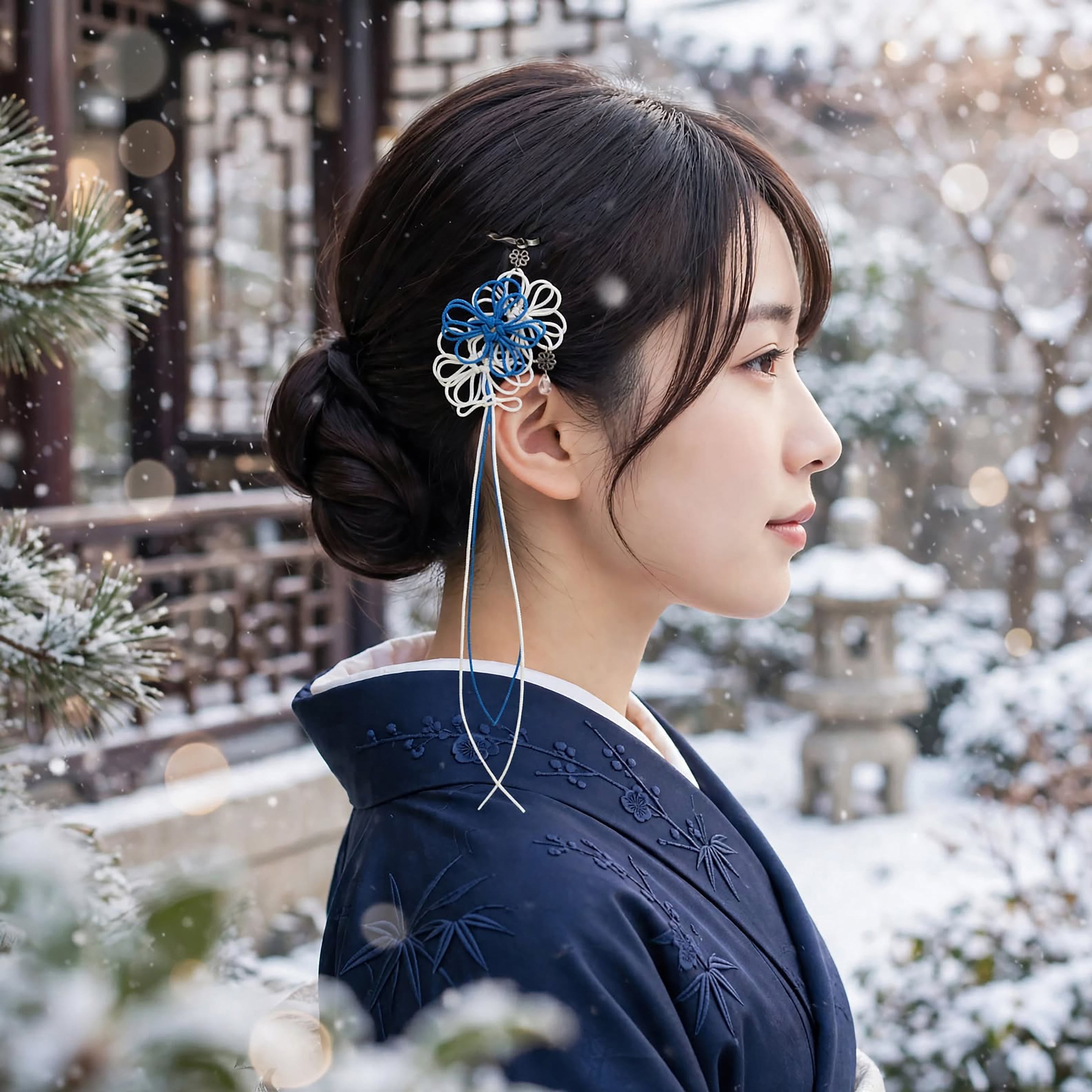 飾り結びヘアピン「輝の雪、此処に」(淡青×アイボリー)【軽量快適】ショートヘアも簡単和風アレンジ。