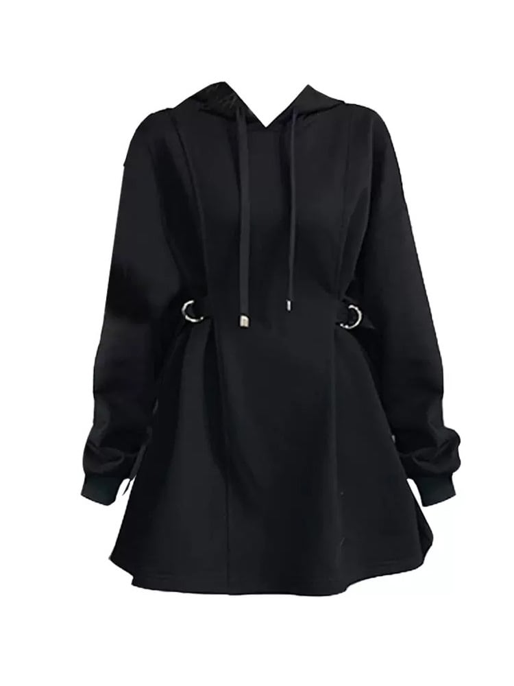 個性的女子のデザインパーカーワンピース ダブルサイドベルト付き裏