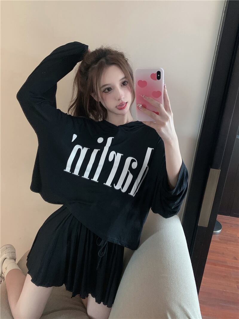 フードルーズプリントTシャツ シャツ オータム薄手ブラックショート ロング 秋物 ブラックストロベリース4901032288