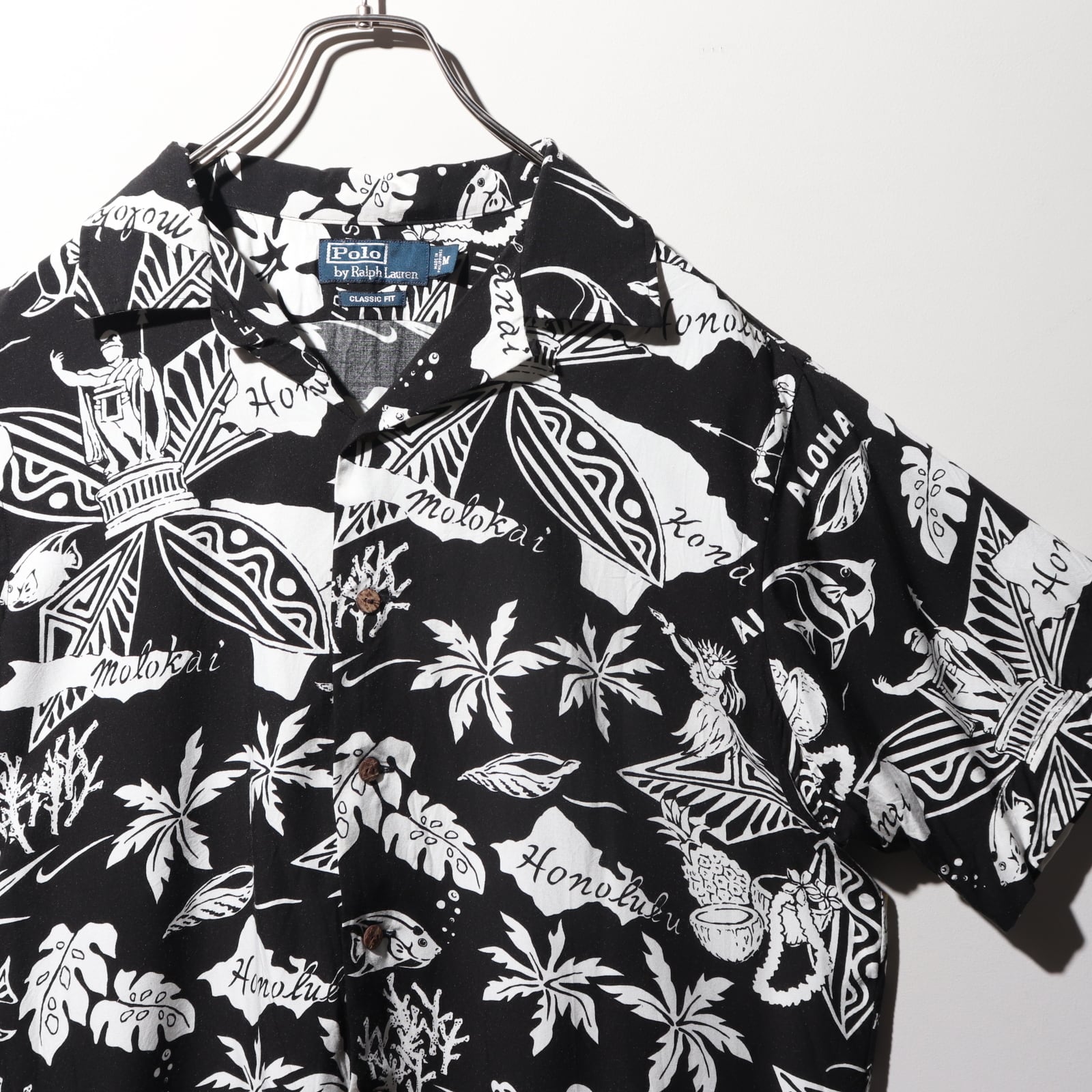 極美品 M レーヨン 総柄 黒 ポロラルフローレン 半袖開襟シャツ アロハ  