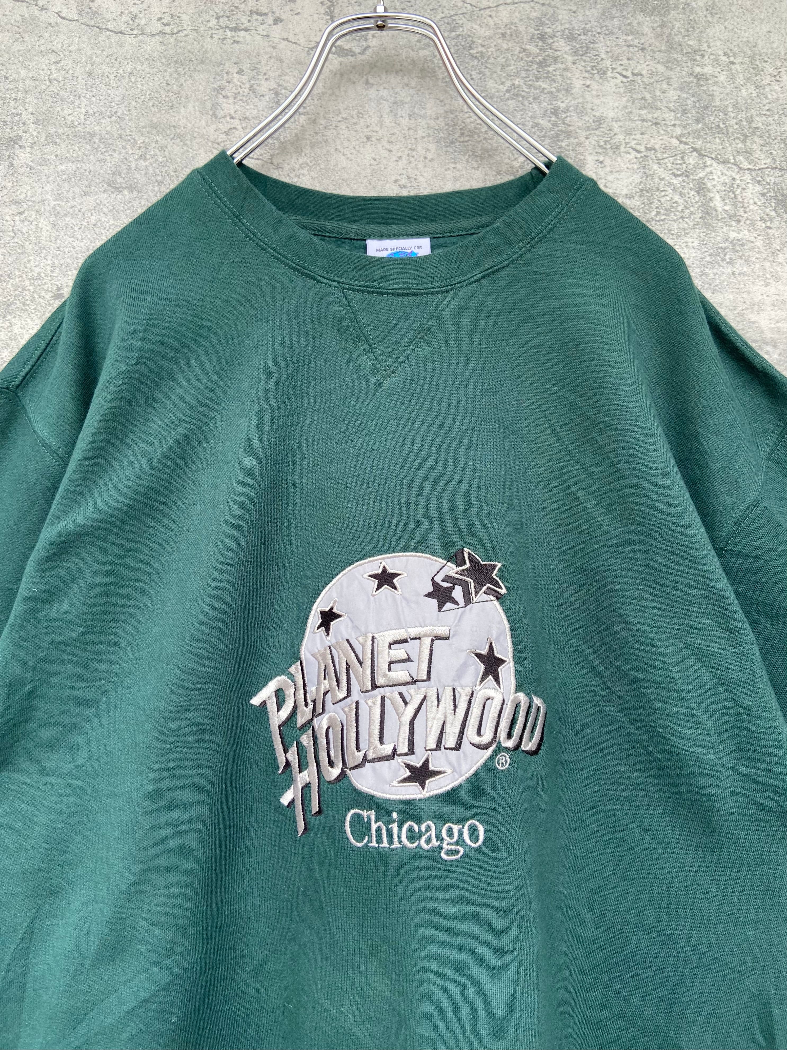 USA製 PLANET HOLLYWOOD/ プラネットハリウッド 銀刺繍ロゴ スウェット 緑